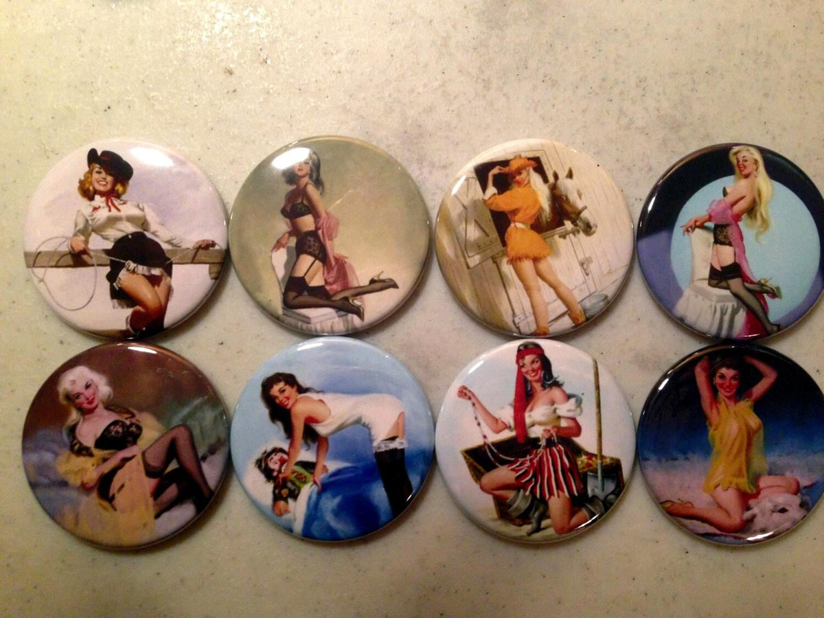 8 Pinup Girl Buttons Vintage Retro (Set 2) Several Button Sizes and Styles to choose from.