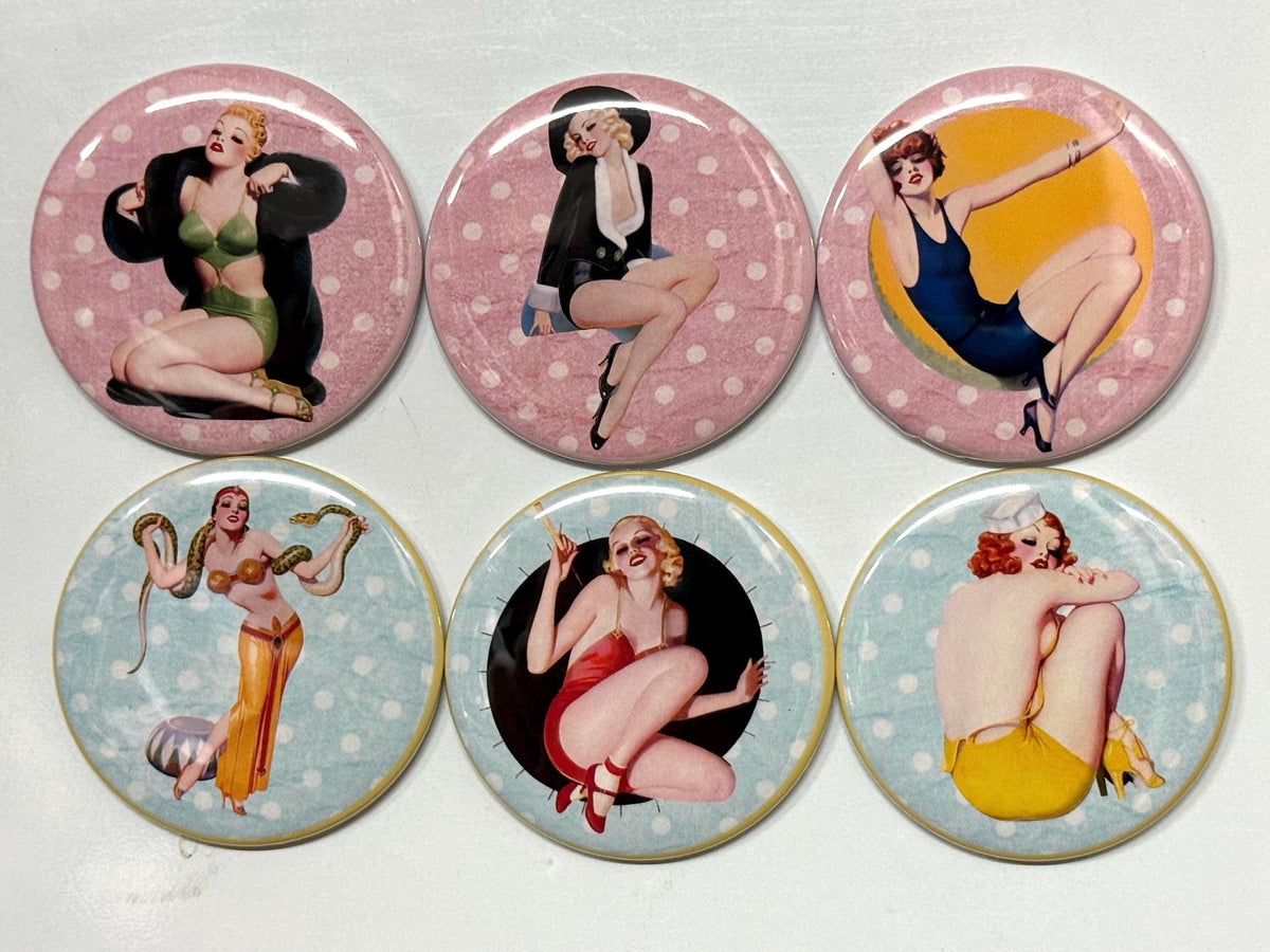 6 Pinups, pinbacks, flatbacks and more.  Choose your size/style. (s2)