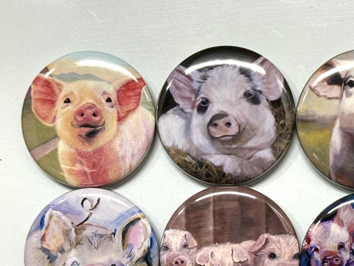 8 Cute Pig buttons, available as pinback, flatbacks, magnets etc. Several button sizes to choose from.