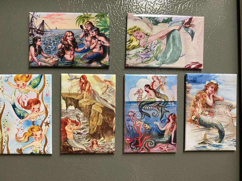 Vintage Mermaid Fridge Magnets or Pinback Buttons: Mermaid Pictures (2x3 inch)