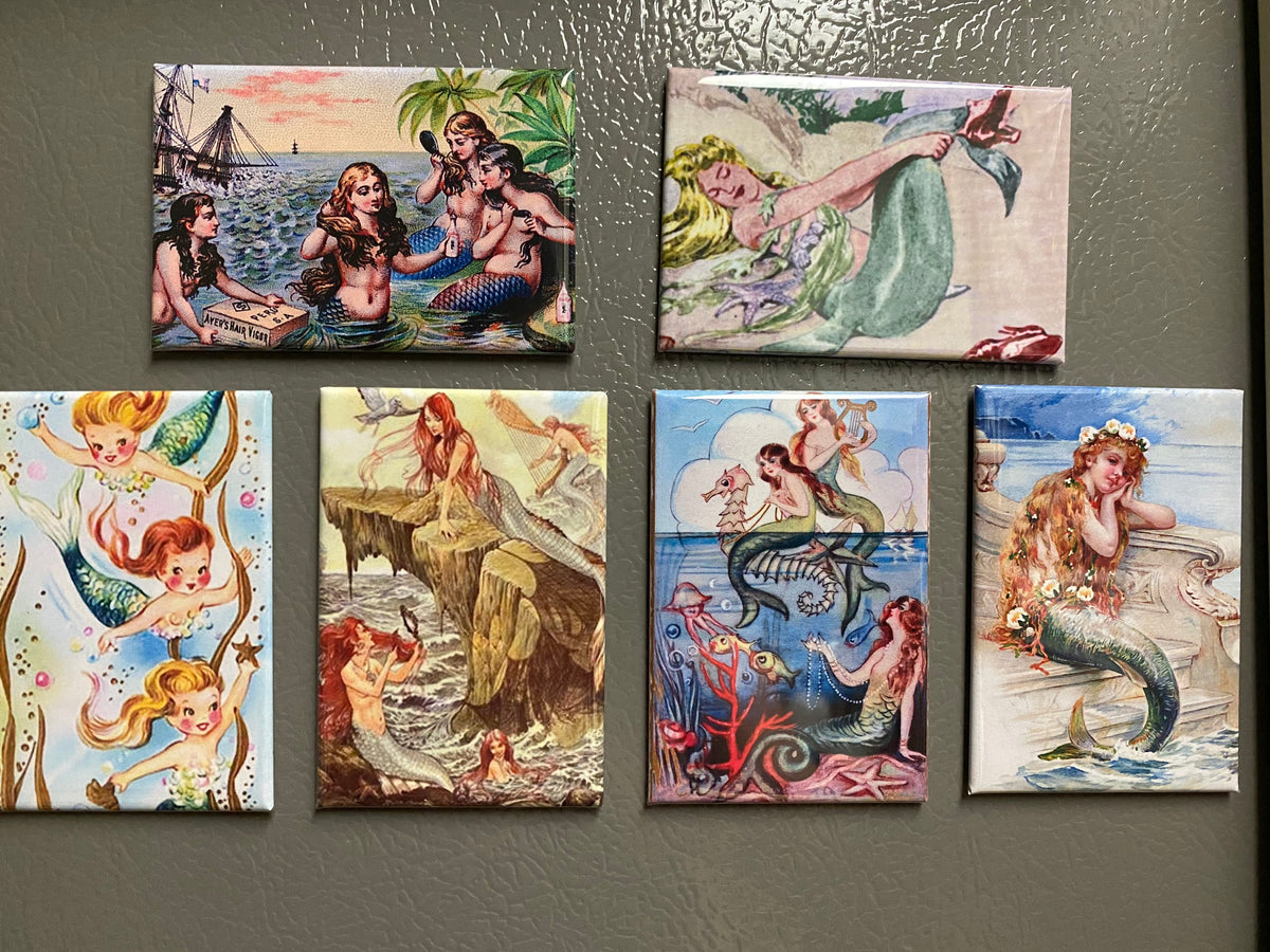 Vintage Mermaid Fridge Magnets or Pinback Buttons: Mermaid Pictures (2x3 inch)