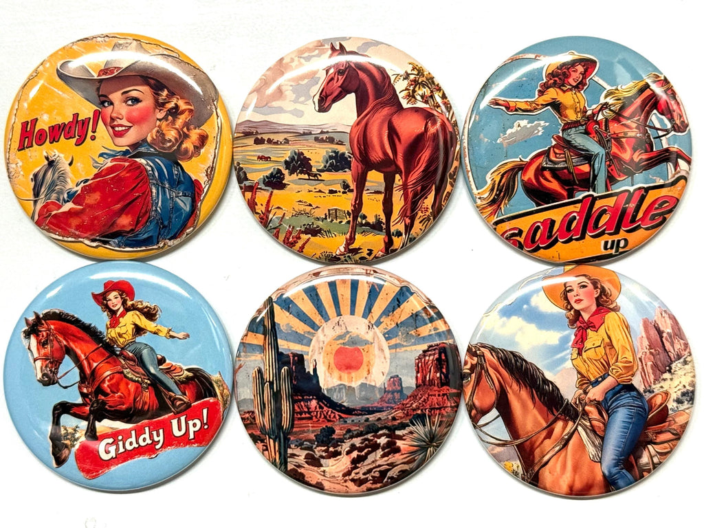 6 Cowgirl Fridge Magnets, pinbacks, flatbacks and more.  Choose your size/style. (s5)