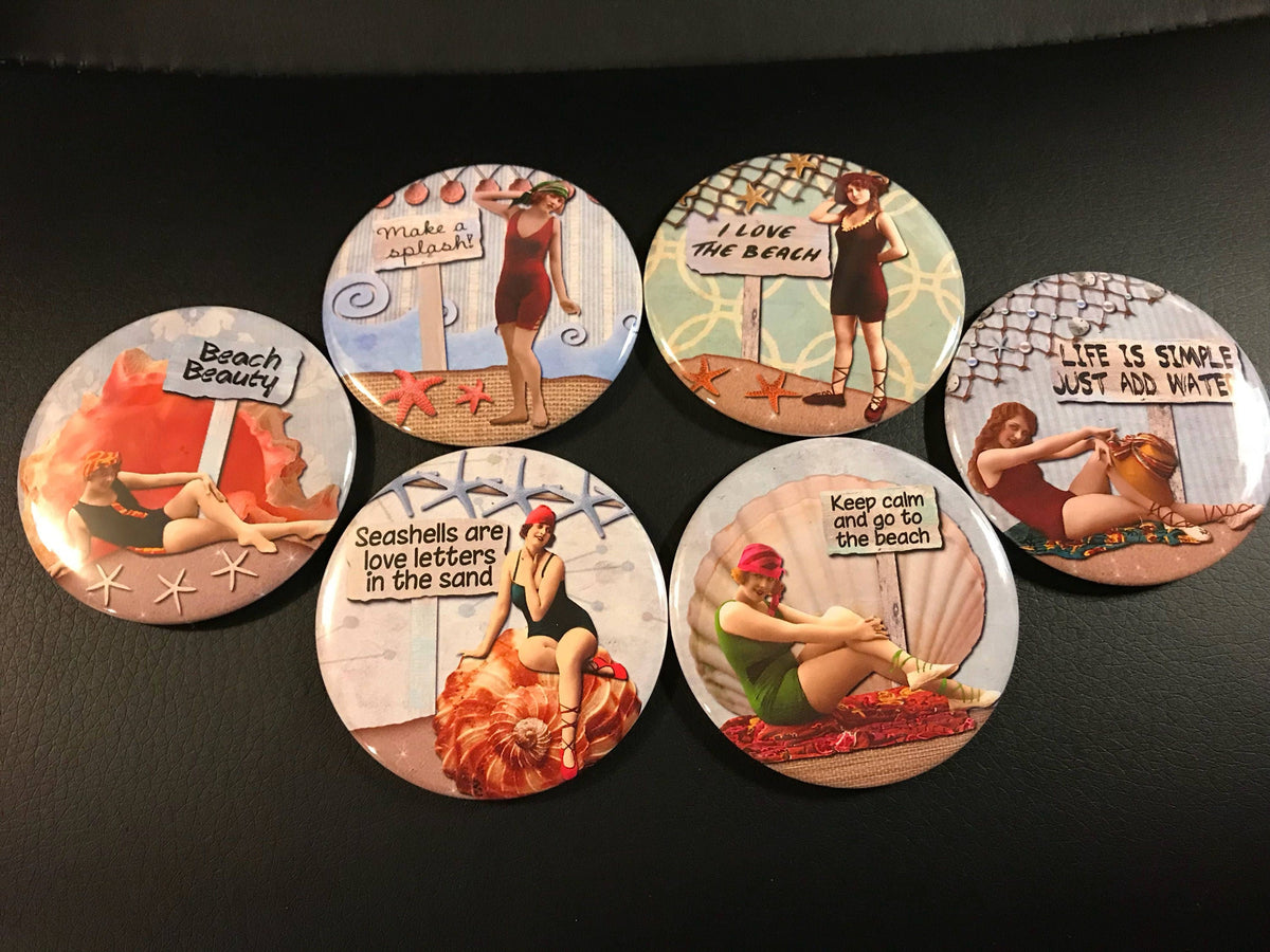 6 Beach Ladies Pinbacks or Magnet Buttons. Set 3.  Several sizes/styles available