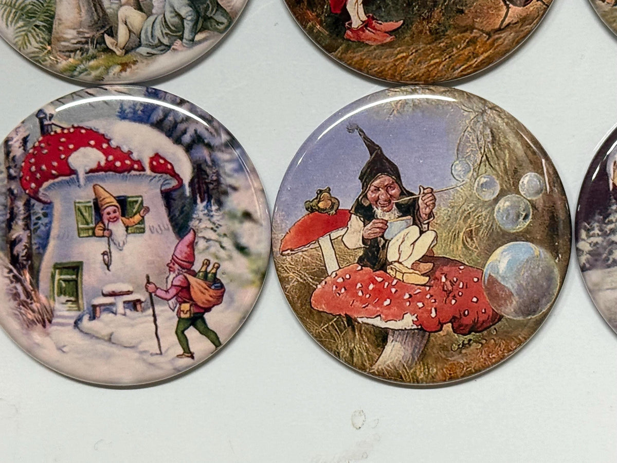 8 Gnomes and Mushrooms buttons, you choose style and size, pinbacks, magnets etc.