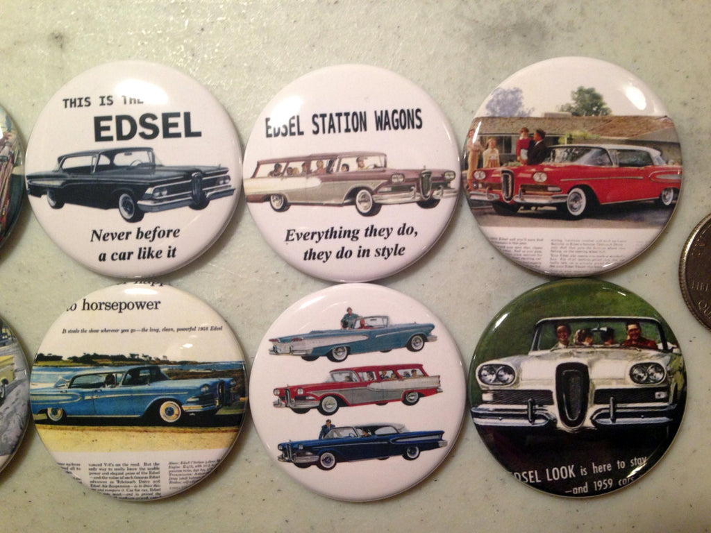 Ford Edsel Advertisement Buttons: Pinback, Magnet, Keychain Options (SET 2)