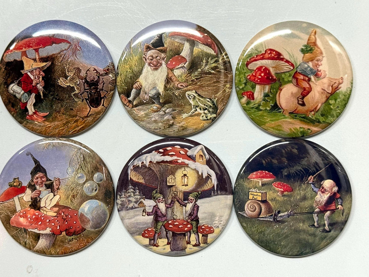 8 Gnomes and Mushrooms buttons, you choose style and size, pinbacks, magnets etc.