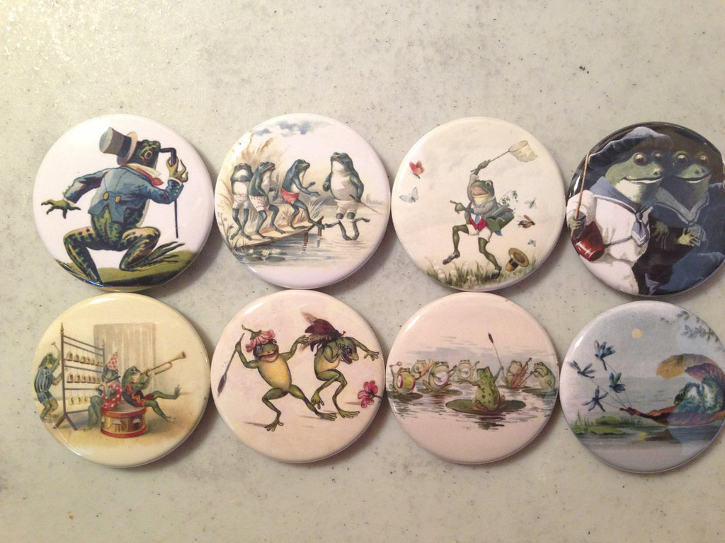 8 Frog, toads, frogs, reptiles, SET 4 pinbacks, magnets, or flatback buttons.  You choose.