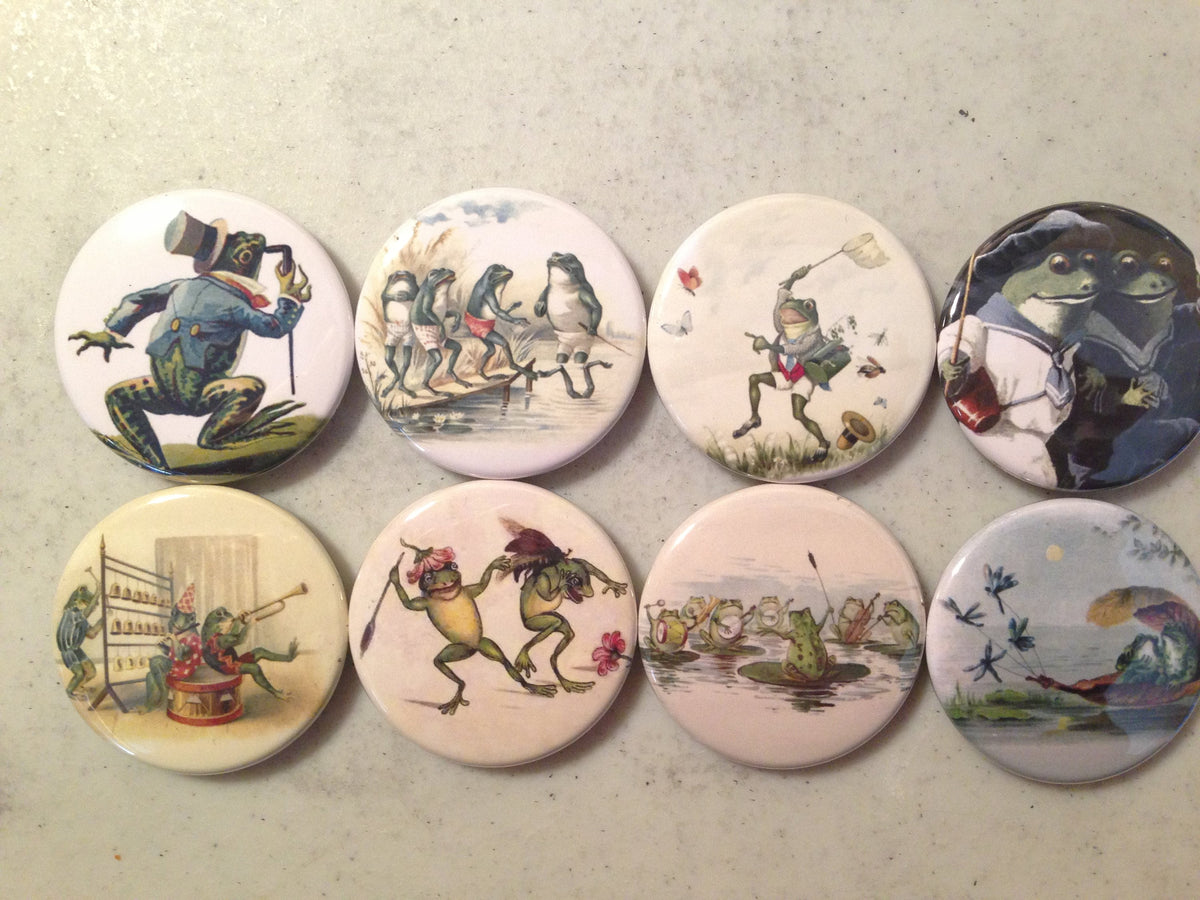 8 Frog, toads, frogs, reptiles, SET 4 pinbacks, magnets, or flatback buttons.  You choose.