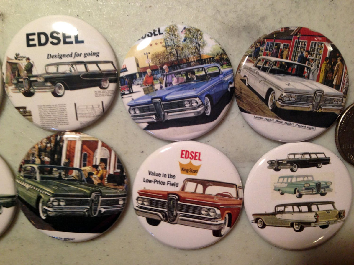 Ford Edsel Buttons: Pinback, Magnet, Flatback - Set of 8