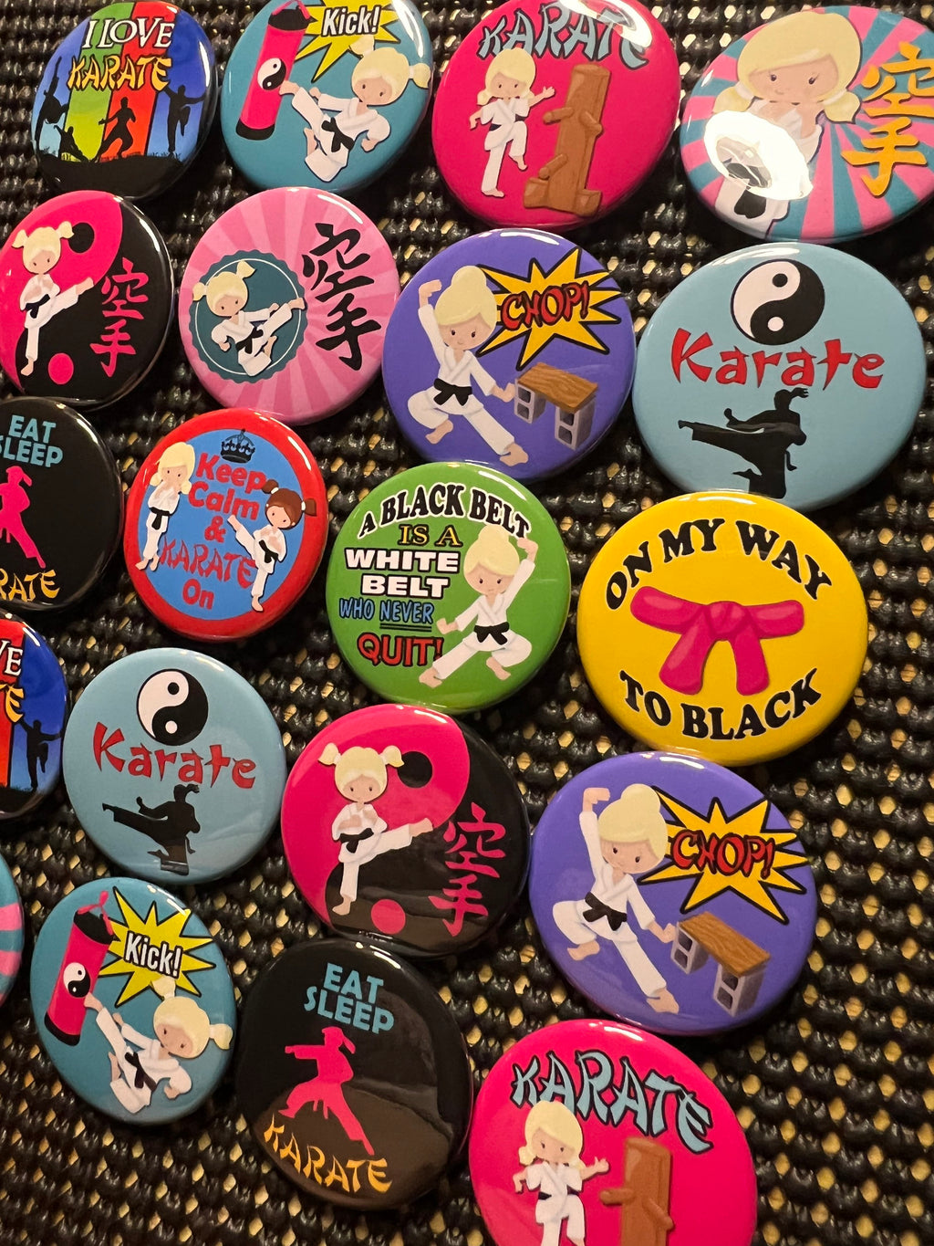 Karate Party Favors: Pink Martial Arts Pinback Buttons, Magnets - Set of 20/24