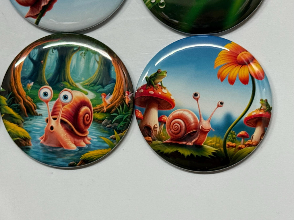 6 Snail Fridge Magnets, pinbacks, flatbacks and more.  Choose your size/style. (s1)
