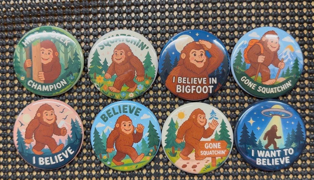 Kids Bigfoot Adventure Buttons - Set of 8 Round Sasquatch Pins or Magnets - Fun sizes - Cute Cryptid Birthday Gift - Junior Ranger Gear