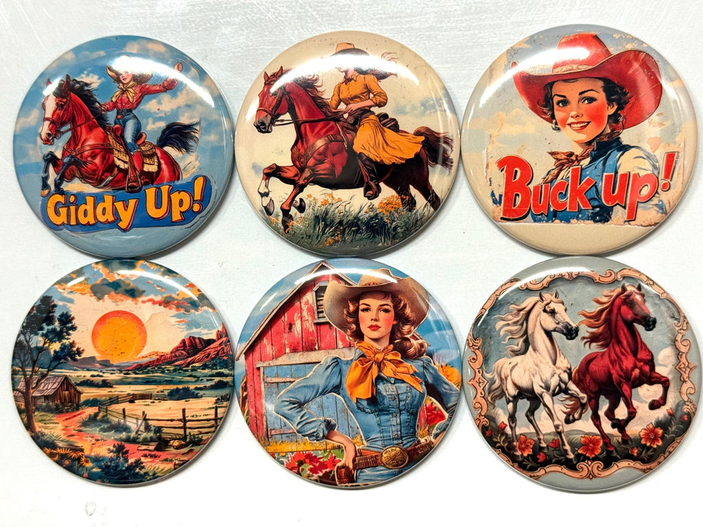 6 Cowgirl Fridge Magnets, pinbacks, flatbacks and more.  Choose your size/style. (s3)