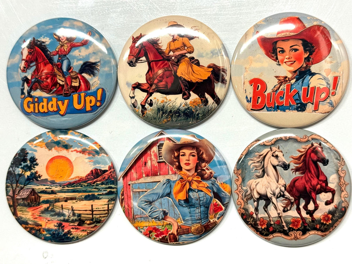 6 Cowgirl Fridge Magnets, pinbacks, flatbacks and more.  Choose your size/style. (s3)