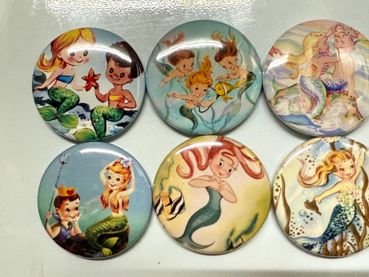 6 Child mermaids Fridge Magnets, pinbacks, flatbacks and more.  Choose your size/style.