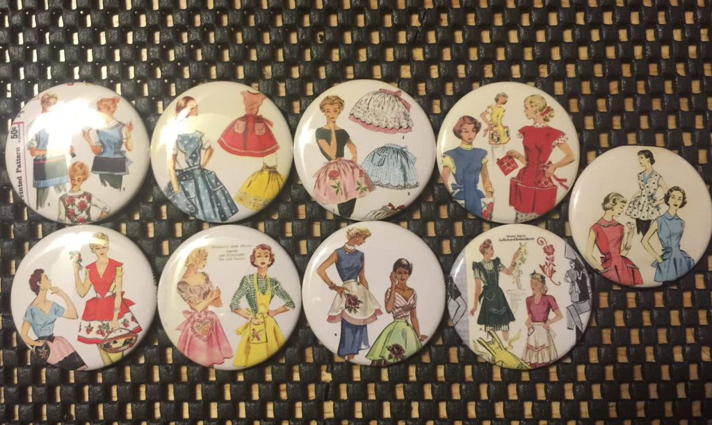 Apron Lady Buttons: Retro Kitchen Pinbacks, Magnets, or Flatbacks - Set 1