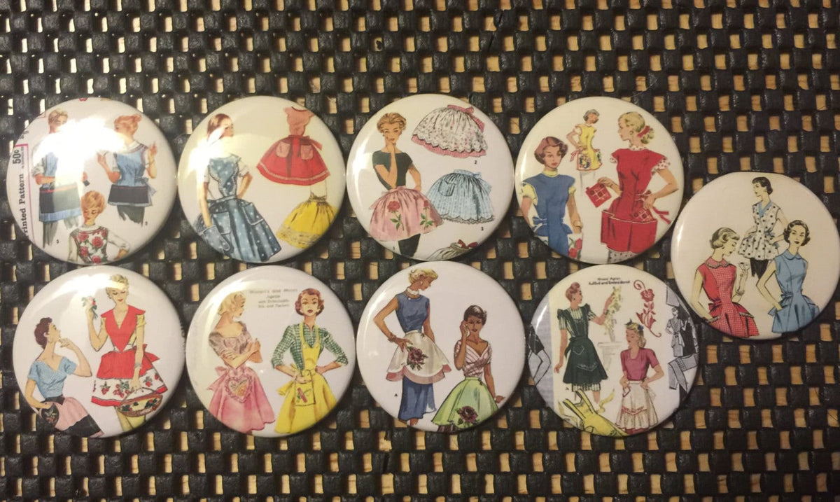 Apron Lady Buttons: Retro Kitchen Pinbacks, Magnets, or Flatbacks - Set 1