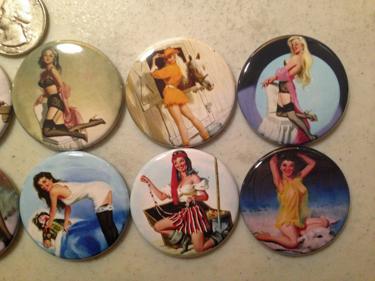 8 Pinup Girl Buttons Vintage Retro (Set 2) Several Button Sizes and Styles to choose from.