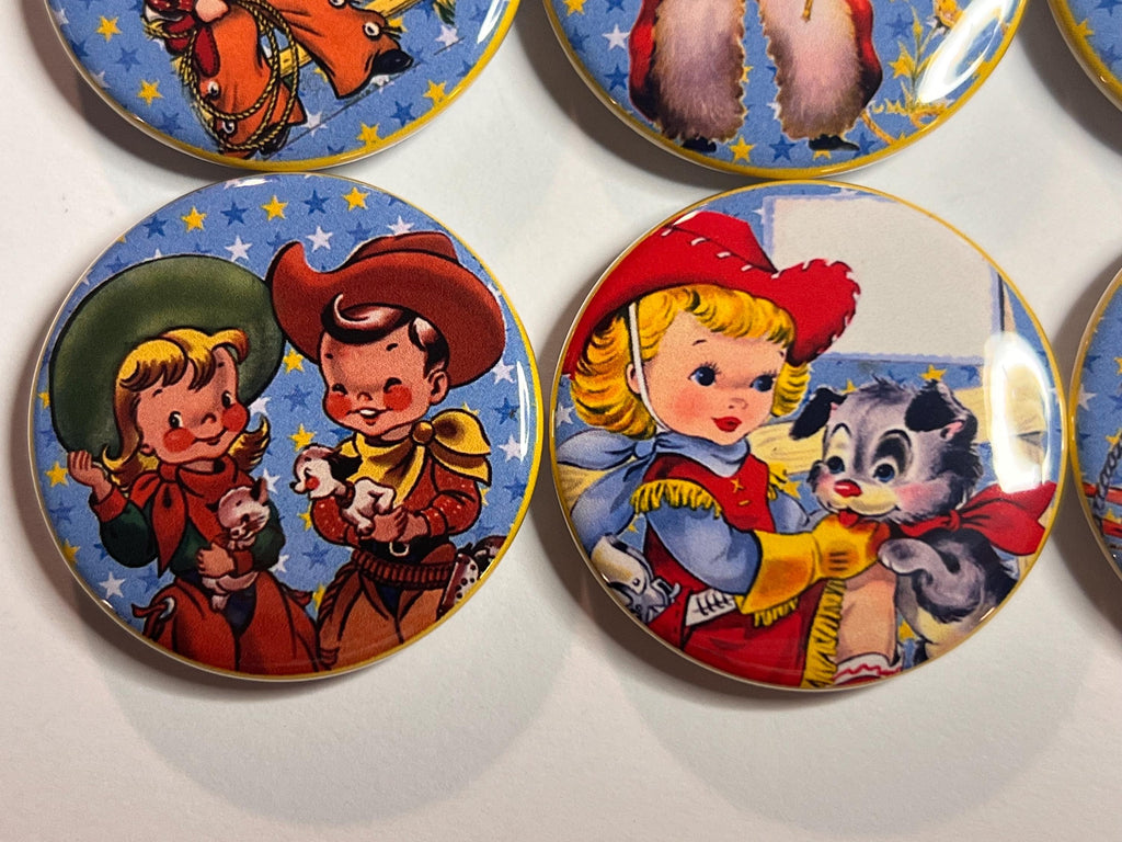 6 Cowboy kids Fridge Magnets, pinbacks, flatbacks and more.  Choose your size/style. (S2)