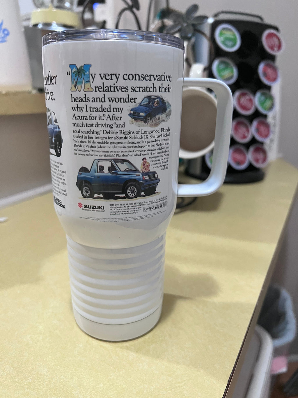 Suzuki Samurai/Sidekick Travel Mug: Vintage Auto Ad, Stainless Steel 20 oz