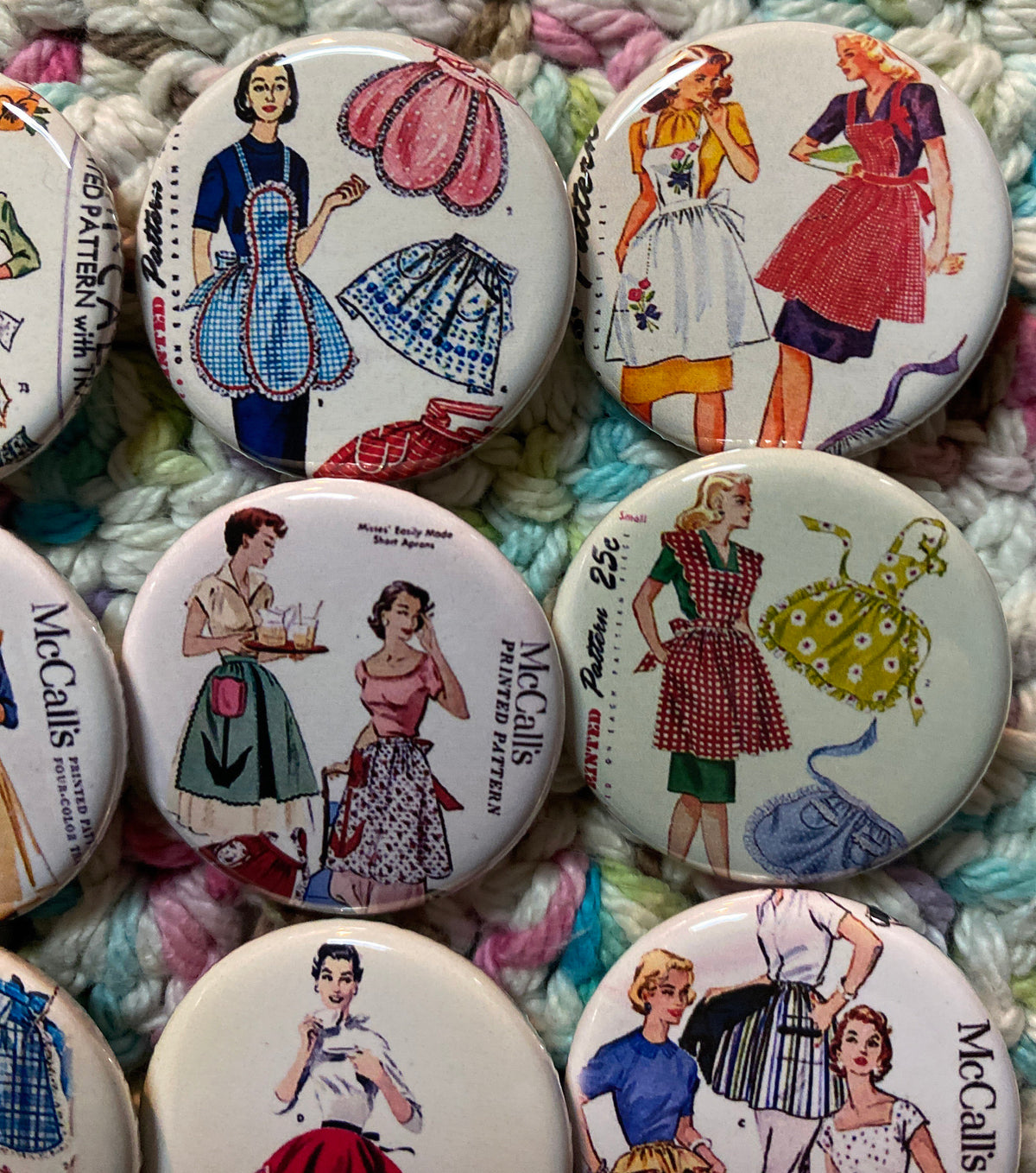 Apron Buttons: Vintage Sewing Pattern Pinbacks, Magnets, Flatbacks