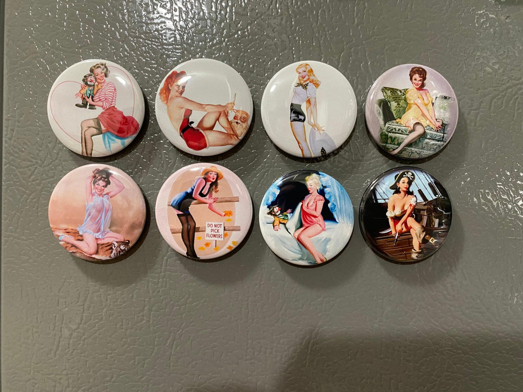 8 pinup girls magnet buttons or pinbacks 1.5 inch buttons, retro vintage pin-up girls set1