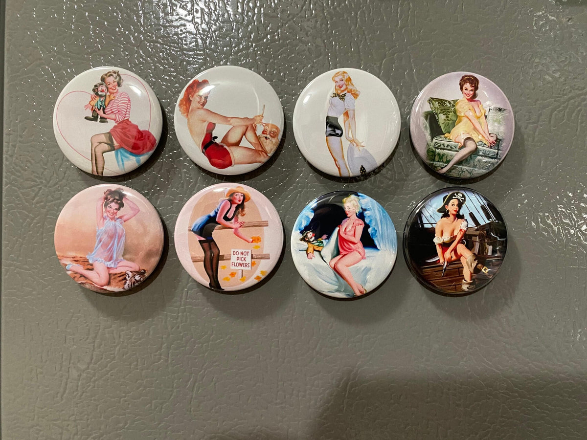 8 pinup girls magnet buttons or pinbacks 1.5 inch buttons, retro vintage pin-up girls set1