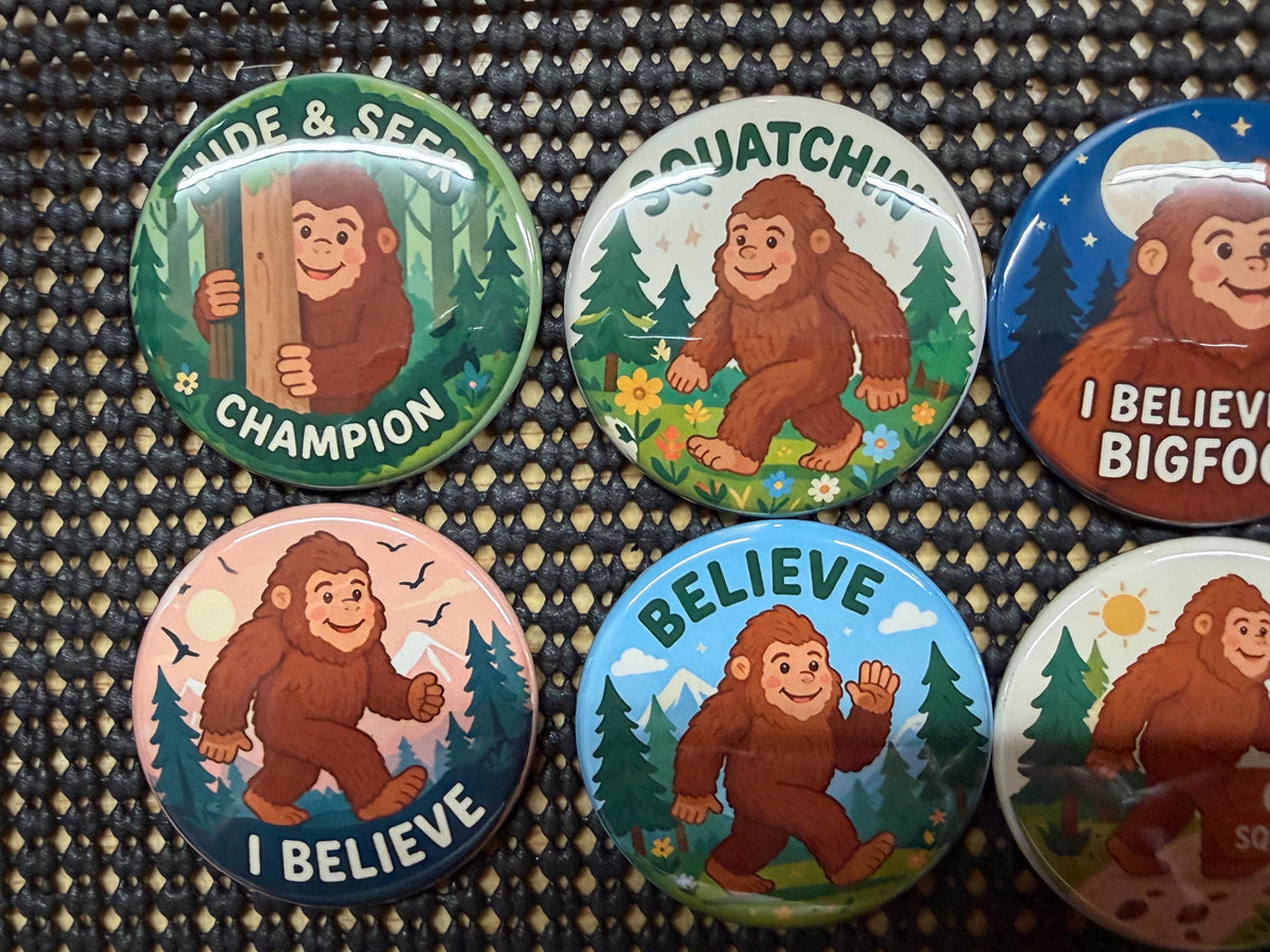 Kids Bigfoot Adventure Buttons - Set of 8 Round Sasquatch Pins or Magnets - Fun sizes - Cute Cryptid Birthday Gift - Junior Ranger Gear
