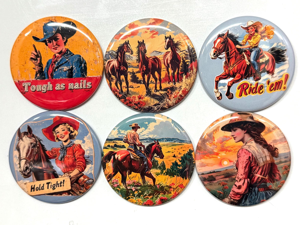 6 Cowgirl Fridge Magnets, pinbacks, flatbacks and more.  Choose your size/style. (s4)