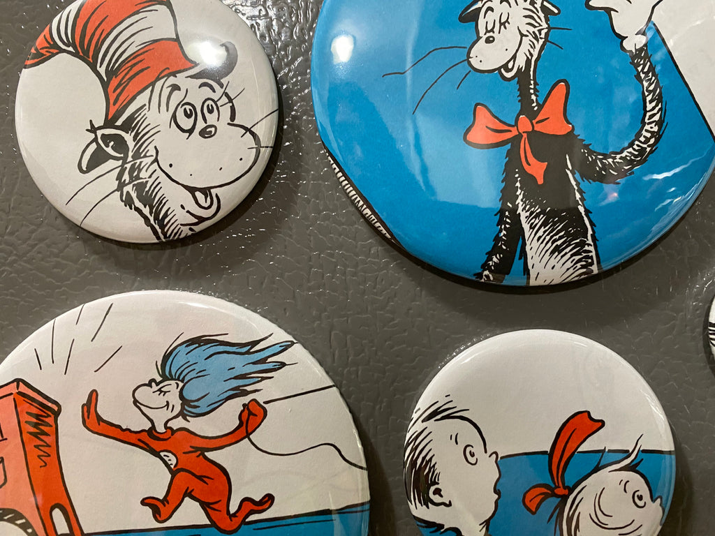 5 The Cat in the Hat magnet buttons, party favors from repurposed book Set 2