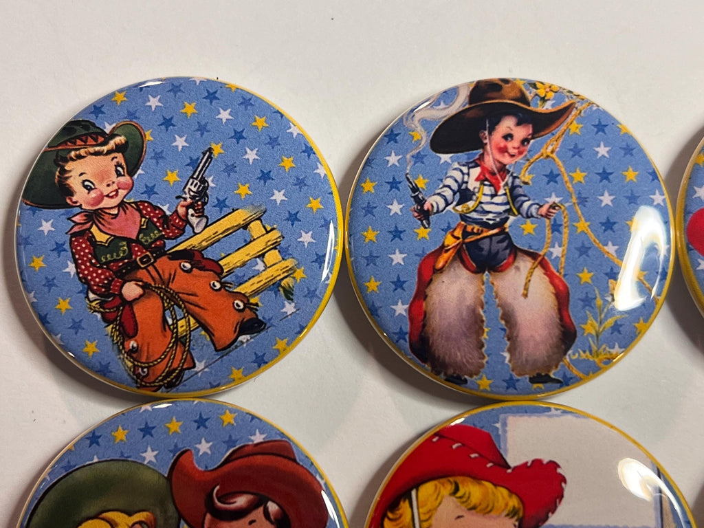 6 Cowboy kids Fridge Magnets, pinbacks, flatbacks and more.  Choose your size/style. (S2)