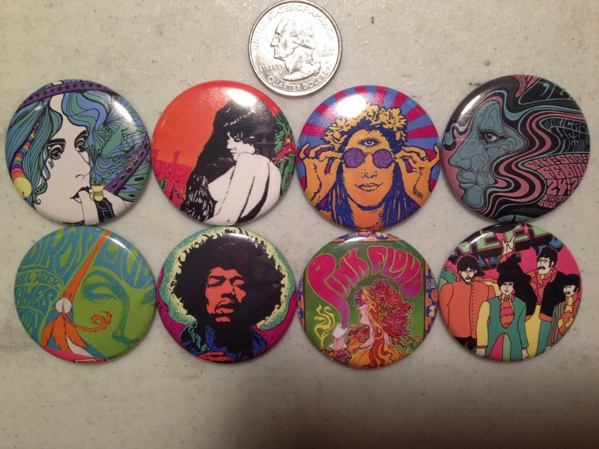 60s Retro Pinback Buttons: Vintage Poster Art, Fridge Magnets