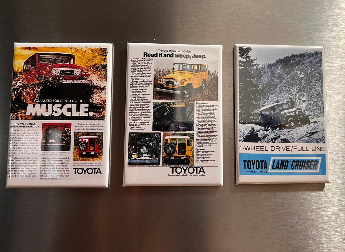 3 Toyota Land Cruiser Magnets or Pinbacks. You choose which set.