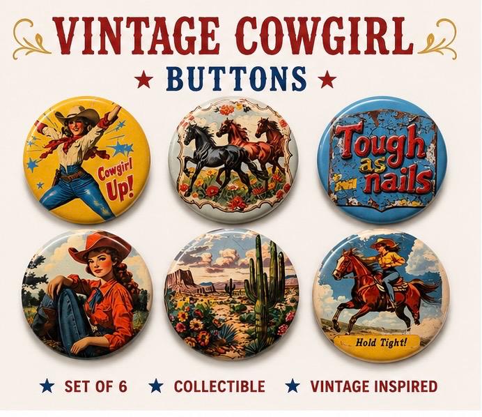 6 Cowgirl Fridge Magnets, pinbacks, flatbacks and more.  Choose your size/style. (s1)