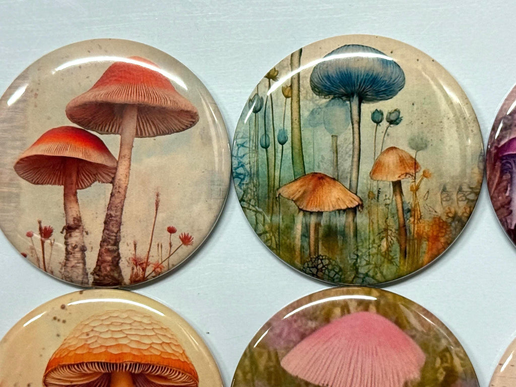 6 Mystical mushrooms pinbacks, flatbacks or magnets Set 1.  Choose your size/style.