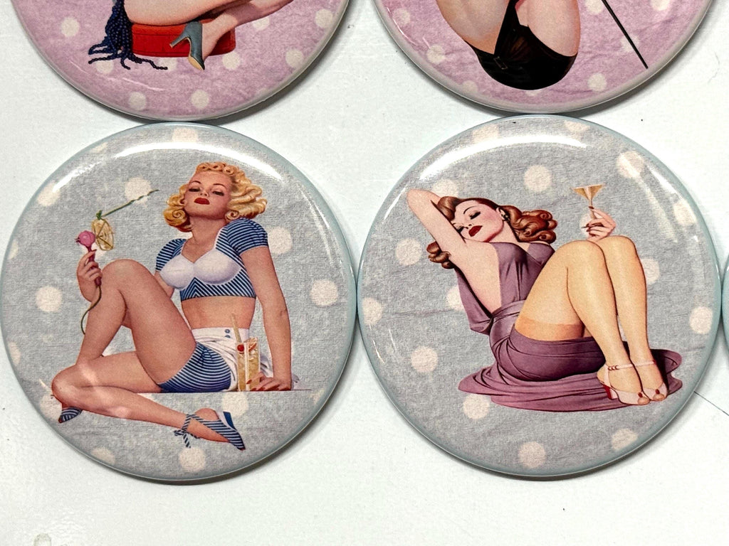 6 Pinup  Fridge Magnets, pinbacks, flatbacks and more.  Choose your size/style. (s1)