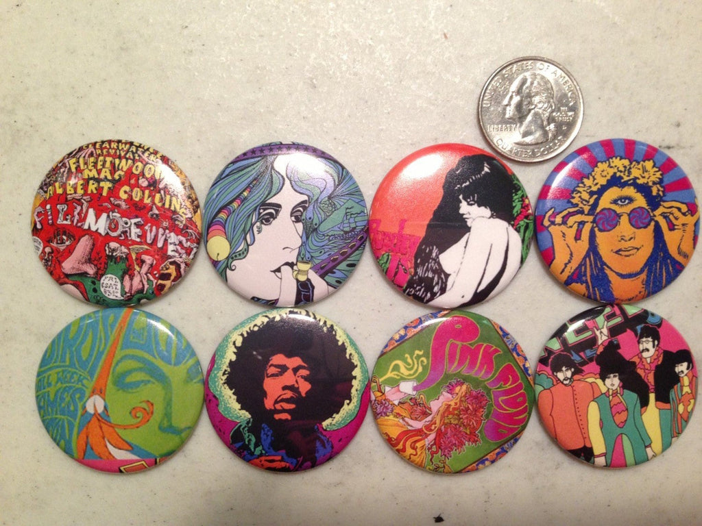 Retro 60s Poster Buttons: Pinbacks, Magnets, Keychains - Set2
