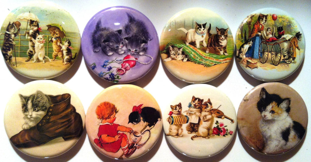 Vintage Kitten Magnets or Pinback Buttons: 1.5" Cat Lover Set of 8