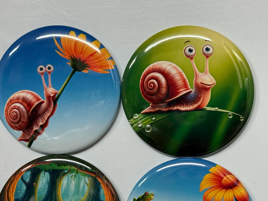 6 Snail Fridge Magnets, pinbacks, flatbacks and more.  Choose your size/style. (s1)