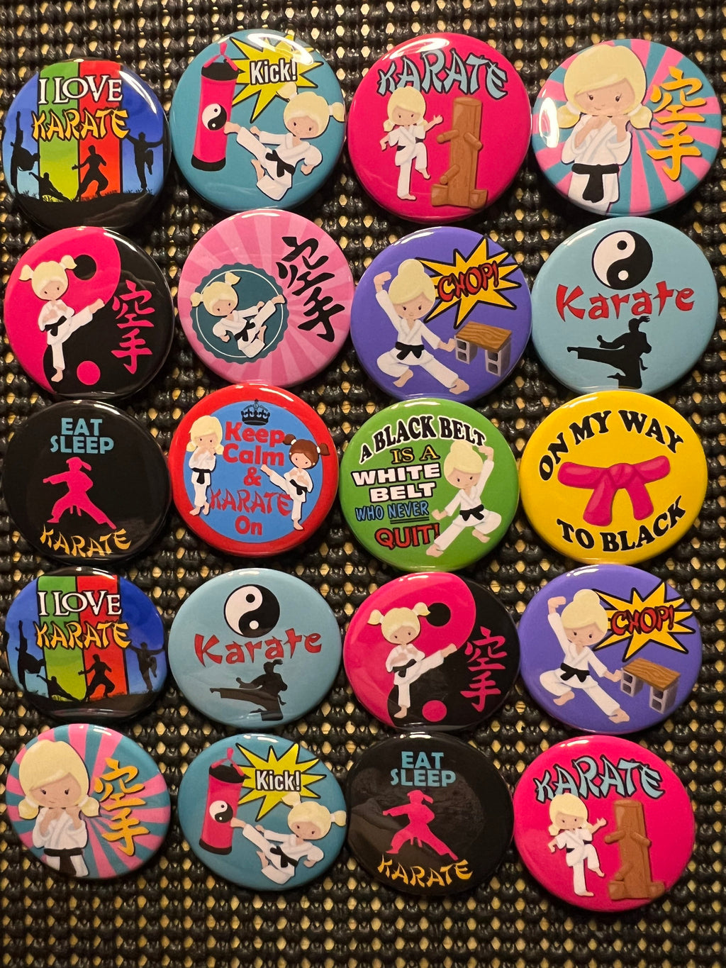 Karate Party Favors: Pink Martial Arts Pinback Buttons, Magnets - Set of 20/24