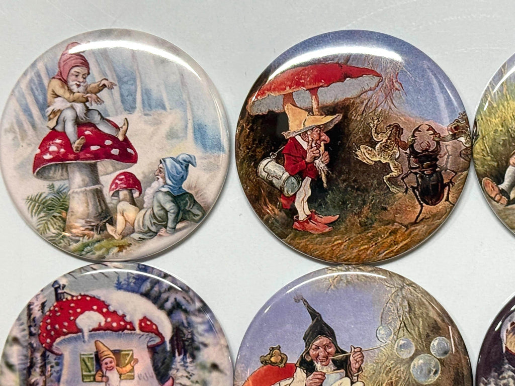 8 Gnomes and Mushrooms buttons, you choose style and size, pinbacks, magnets etc.