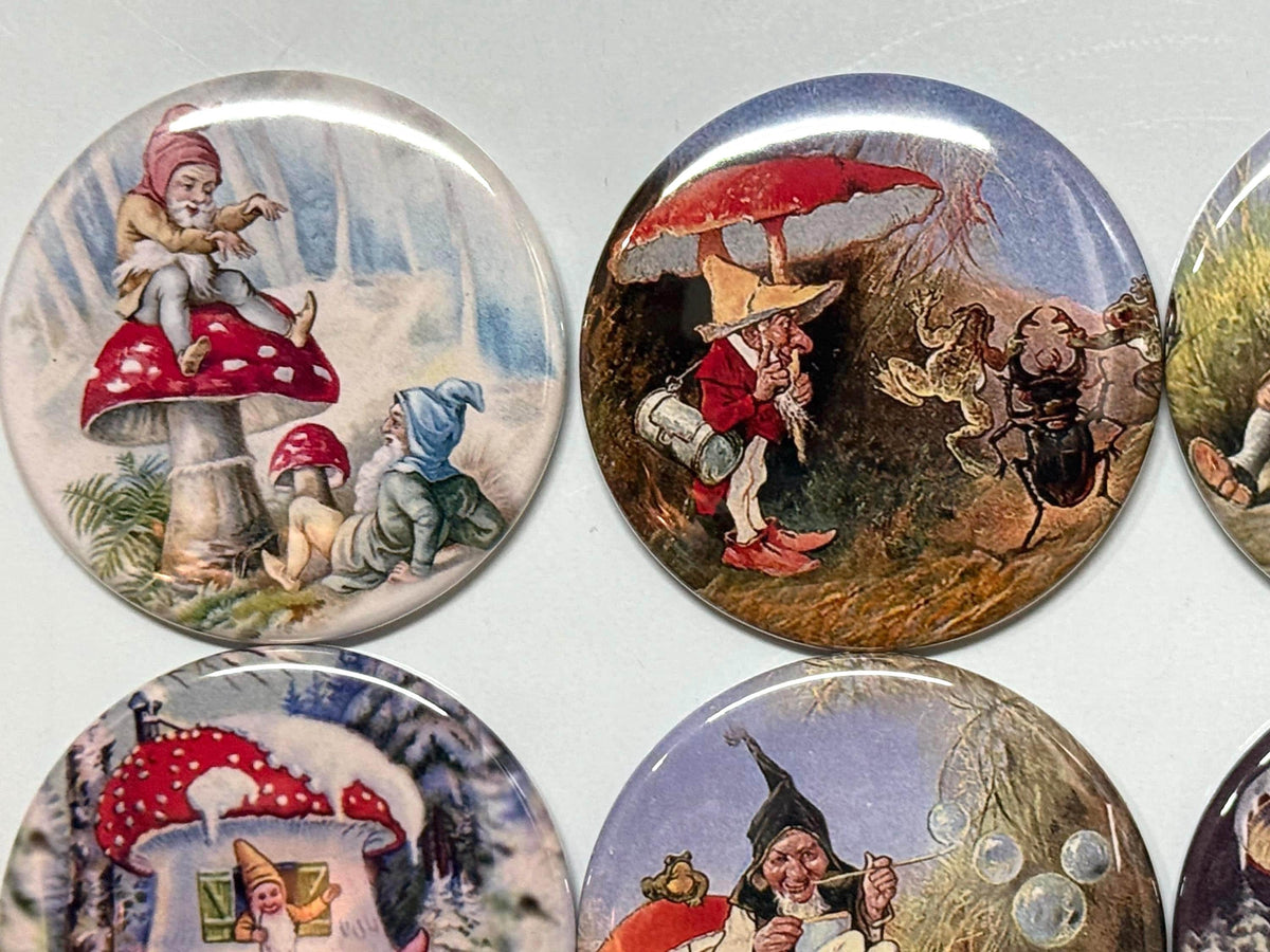 8 Gnomes and Mushrooms buttons, you choose style and size, pinbacks, magnets etc.