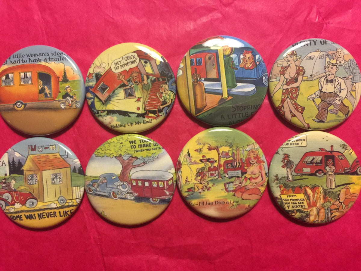 Vintage Trailer Buttons: Retro Camper Set (Pinbacks, Magnets)