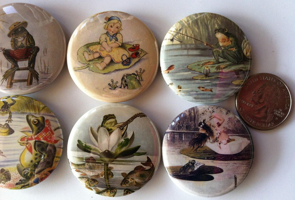 8 frog fridge magnets, toads, frogs, reptiles, set 3 with vintage pictures of frogs