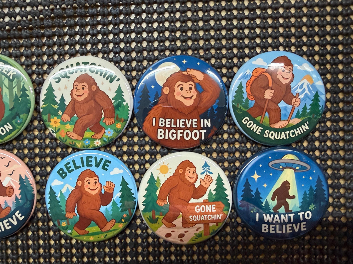 Kids Bigfoot Adventure Buttons - Set of 8 Round Sasquatch Pins or Magnets - Fun sizes - Cute Cryptid Birthday Gift - Junior Ranger Gear