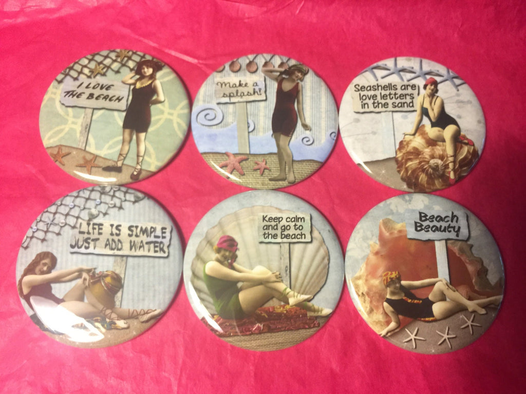 6 Beach Ladies Pinbacks or Magnet Buttons. Set 3.  Several sizes/styles available