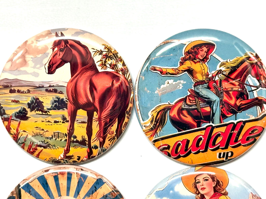 6 Cowgirl Fridge Magnets, pinbacks, flatbacks and more.  Choose your size/style. (s5)