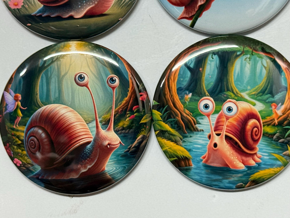 6 Snail Fridge Magnets, pinbacks, flatbacks and more.  Choose your size/style. (s1)