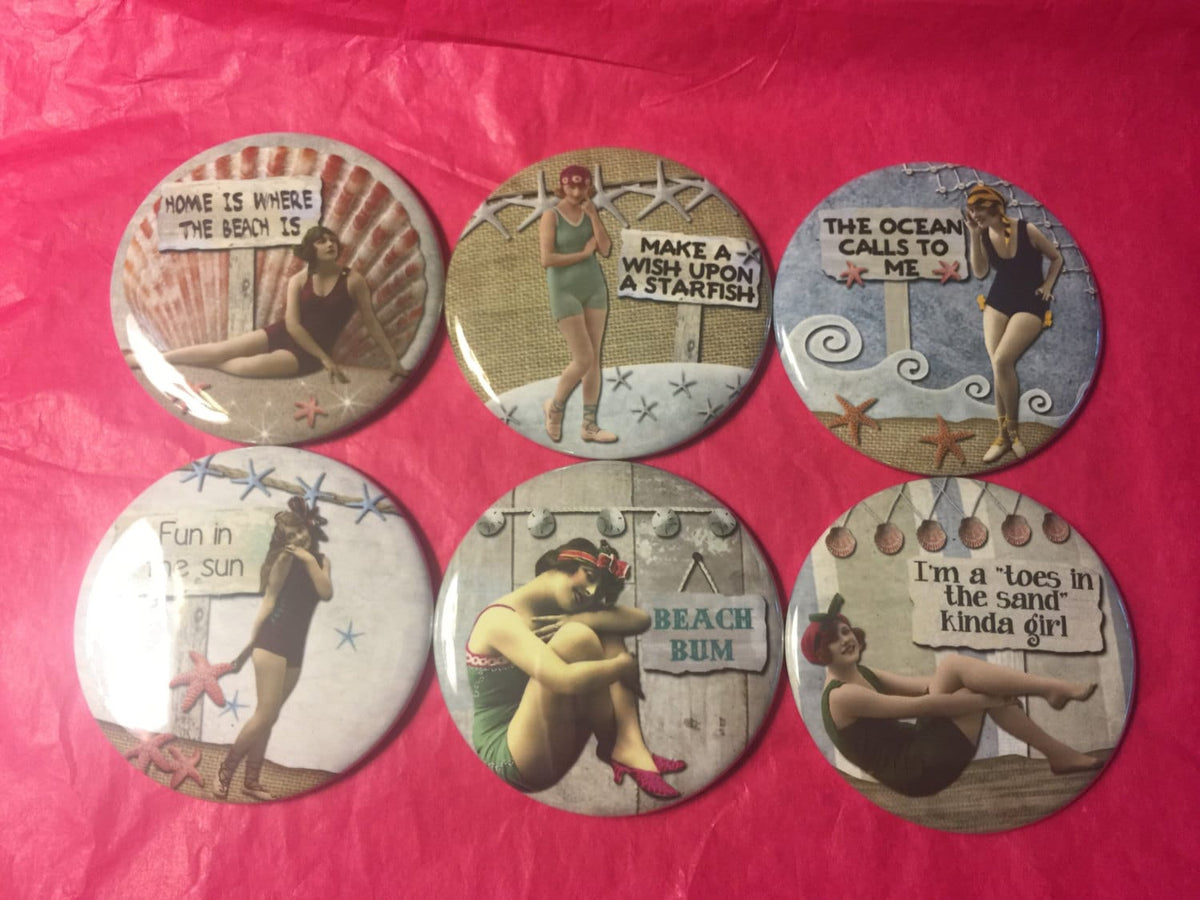 6 Beach Ladies Pinbacks or Magnet Buttons. Set 2.  Several sizes/styles available