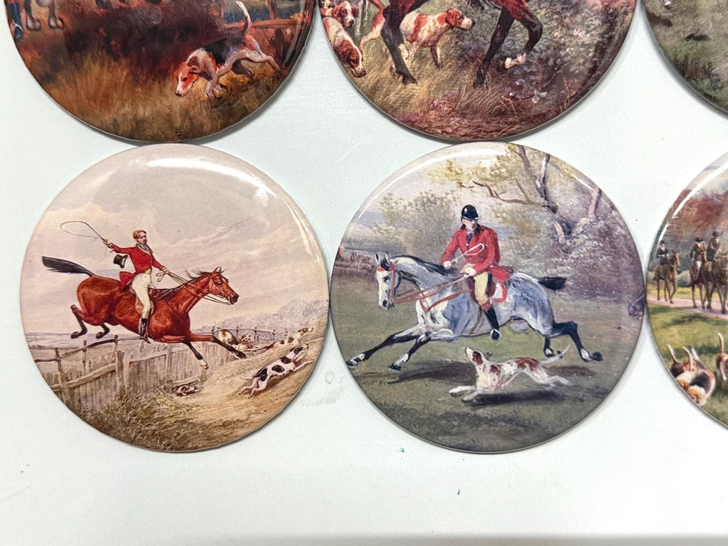 6 Fox Hunting, Equestrian, Hound dog Fridge Magnets or Pinback buttons or flatback buttons